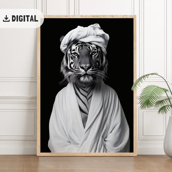 Tiger In Bathrobe : Maximalist Bathroom Decor, Wild Animal Tet Wall Art Unframed Paper Print