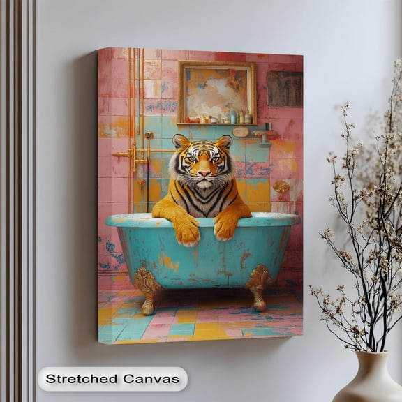 Tiger In Bathtub Art Art Quirky Boho Bathroom Decor