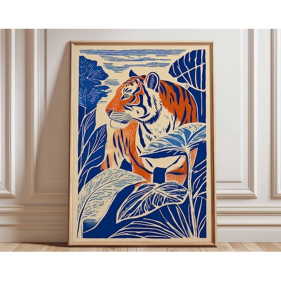Tiger In Jungle Blue Orange Wall Art Print, Unframed Paper Poster 24x36in