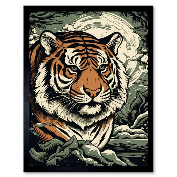 Tiger In Natural Habitat Landscape Rockabilly Americana 50s Art Print Framed Poster Wall Decor 12x16 inch