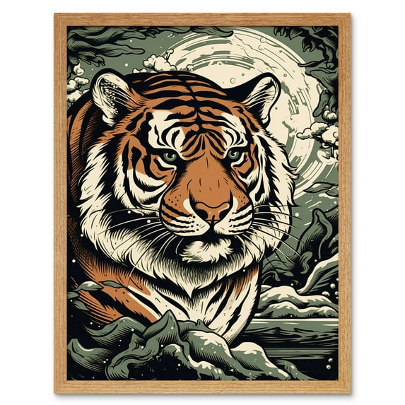 Tiger In Natural Habitat Landscape Rockabilly Americana 50s Art Print Framed Poster Wall Decor 12x16 inch