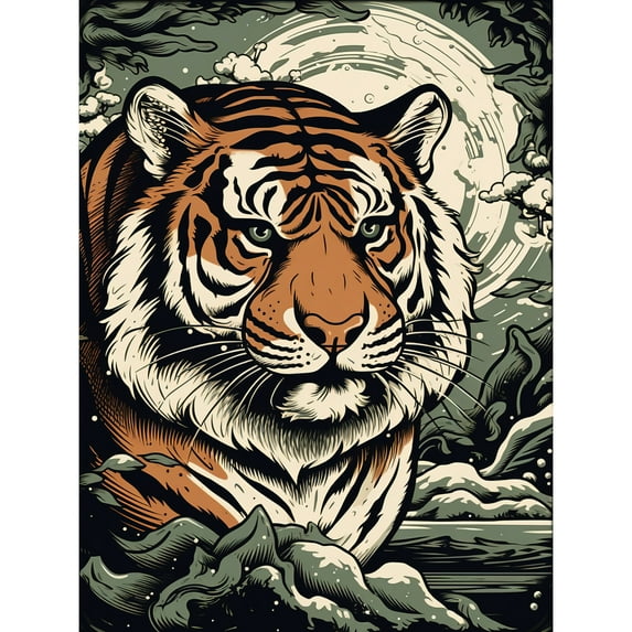 Tiger In Natural Habitat Landscape Rockabilly Americana 50s Large Wall Art Poster Print Thick Paper 18X24 Inch
