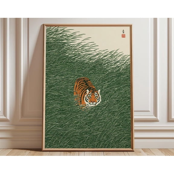 Tiger In Reeds Japanese Style Nature Wall Art Print, Unframed Paper Poster 8x10in