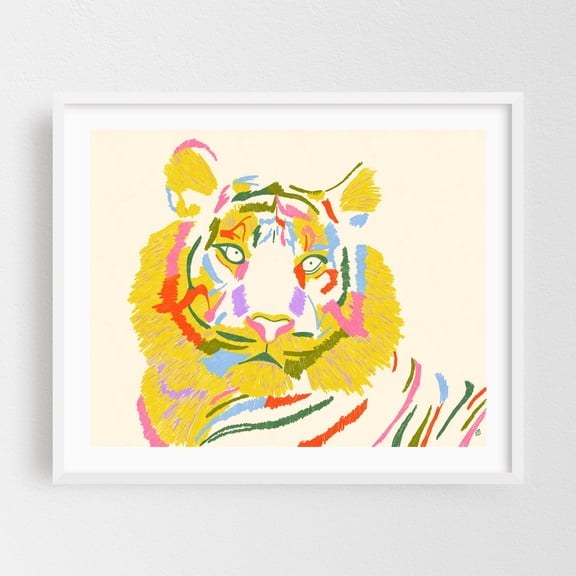 Tiger In Technicolor - Digital Art Tiger Modern Art Abstract Wildlife Pop Art Illustration White Framed Wall Art Print 18 x 24 inches