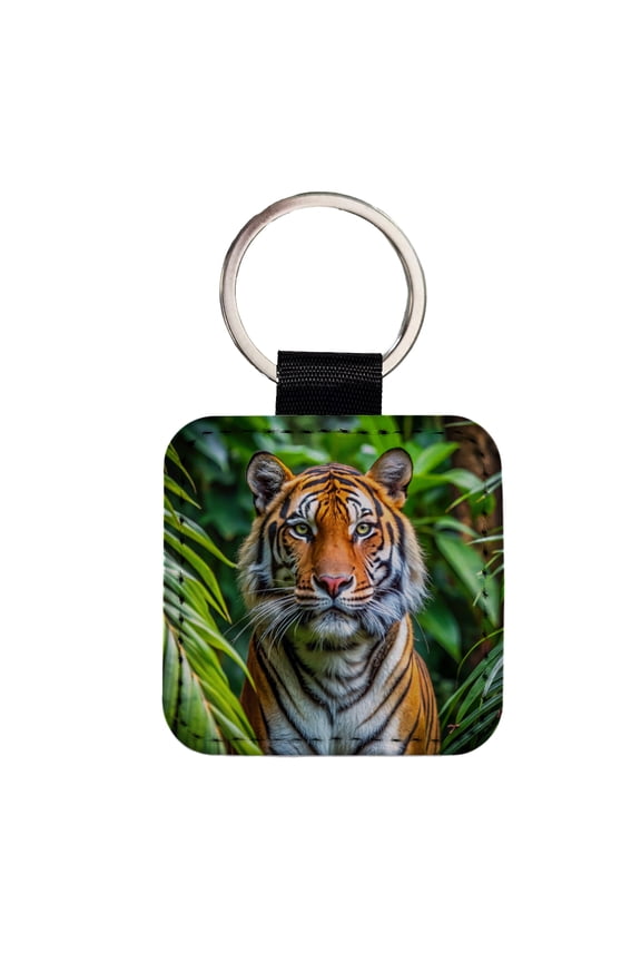 Tiger In The Jungle Faux Leather Square Keychain