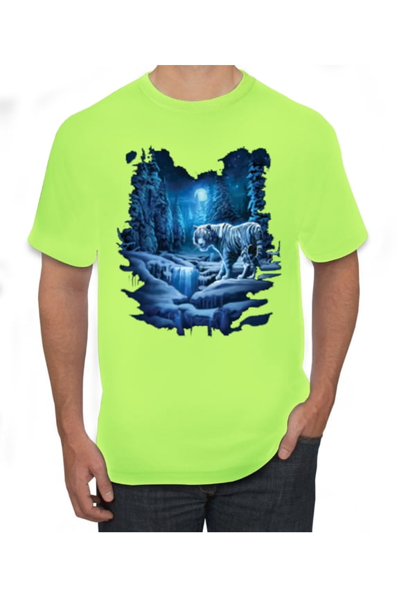 Tiger In The Snowy Night Animal Lover Men's Graphic T-Shirt, Safety Green, Small