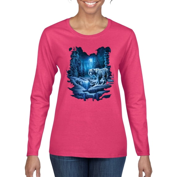 Tiger In The Snowy Night Animal Lover Womens Graphic Long Sleeve T-Shirt, Fuschia, X-Large