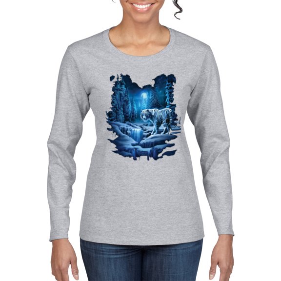Tiger In The Snowy Night Animal Lover Womens Graphic Long Sleeve T-Shirt, Heather Grey, 2XL