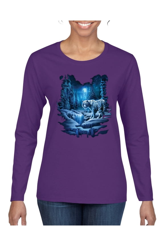 Tiger In The Snowy Night Animal Lover Womens Graphic Long Sleeve T-Shirt, Purple, Small