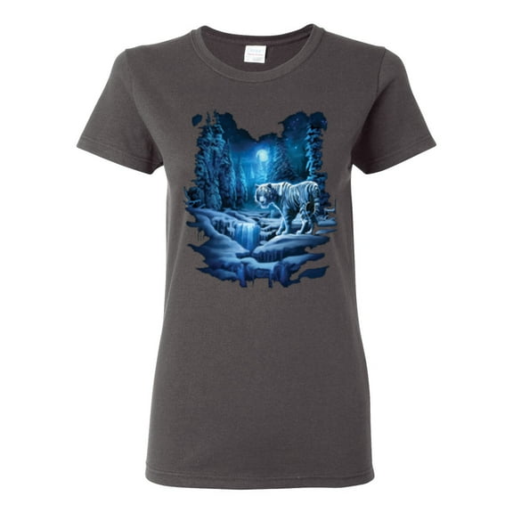 Tiger In The Snowy Night Animal Lover Womens Graphic T-Shirt, Charcoal, 2XL