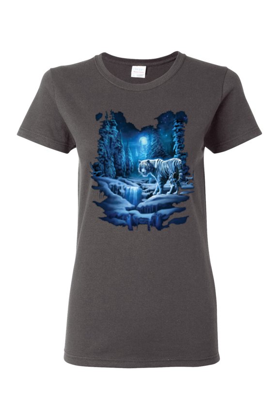 Tiger In The Snowy Night Animal Lover Womens Graphic T-Shirt, Charcoal, 2XL