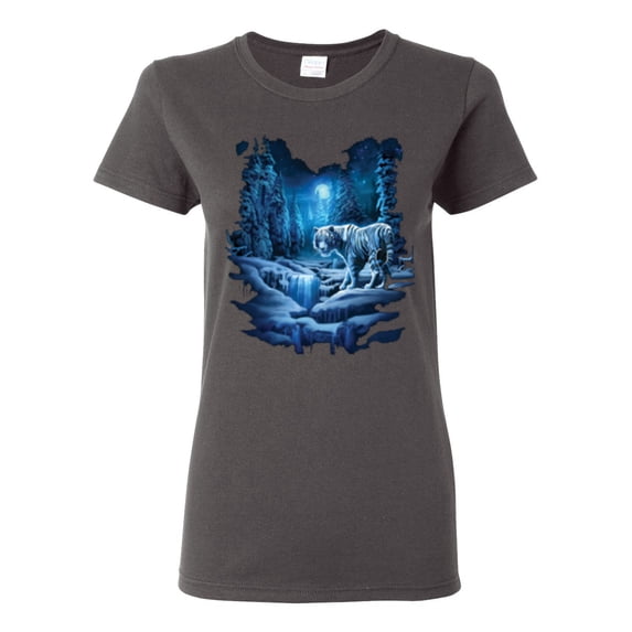 Tiger In The Snowy Night Animal Lover Womens Graphic T-Shirt, Charcoal, 3XL