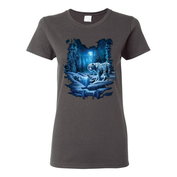 Tiger In The Snowy Night Animal Lover Womens Graphic T-Shirt, Charcoal, Large