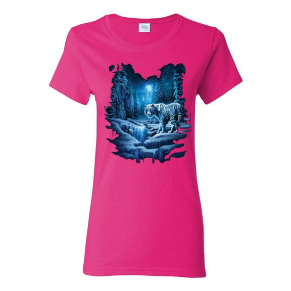 Tiger In The Snowy Night Animal Lover Womens Graphic T-Shirt, Fuschia, 2XL