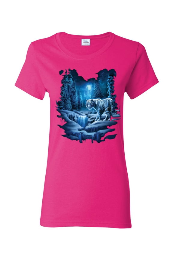 Tiger In The Snowy Night Animal Lover Womens Graphic T-Shirt, Fuschia, Large