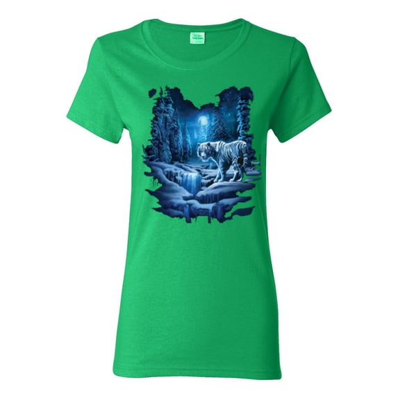 Tiger In The Snowy Night Animal Lover Womens Graphic T-Shirt, Kelly, Small