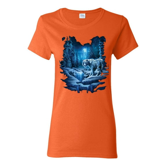 Tiger In The Snowy Night Animal Lover Womens Graphic T-Shirt, Orange, X-Large