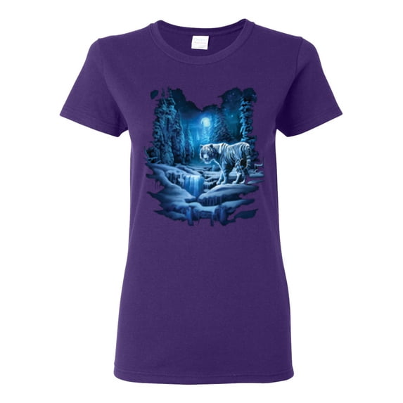 Tiger In The Snowy Night Animal Lover Womens Graphic T-Shirt, Purple, 2XL