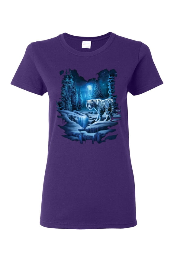 Tiger In The Snowy Night Animal Lover Womens Graphic T-Shirt, Purple, Large