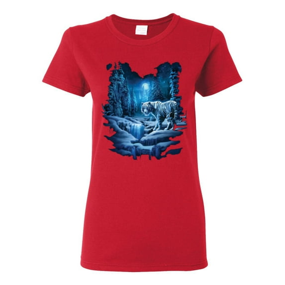 Tiger In The Snowy Night Animal Lover Womens Graphic T-Shirt, Red, Large