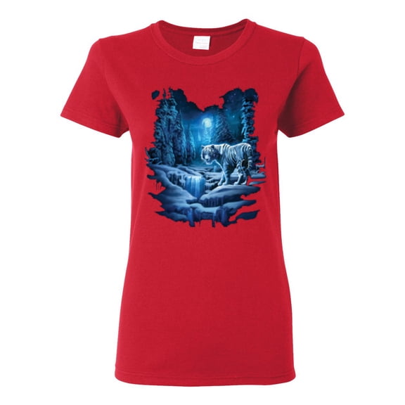 Tiger In The Snowy Night Animal Lover Womens Graphic T-Shirt, Red, Large