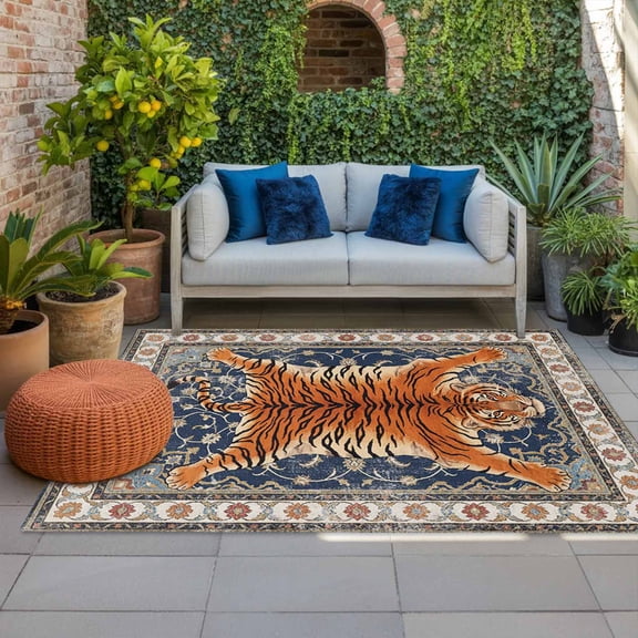 Tiger Indoor Outdoor Rugs 4x6 Ft, Bohemian Modern Animal Print Blue Red Floral Texture Outdoor Patio Rugs Mat Washable Outside Area Rugs Carpet for Porch Deck RV Camping Pool Balcony Backyard