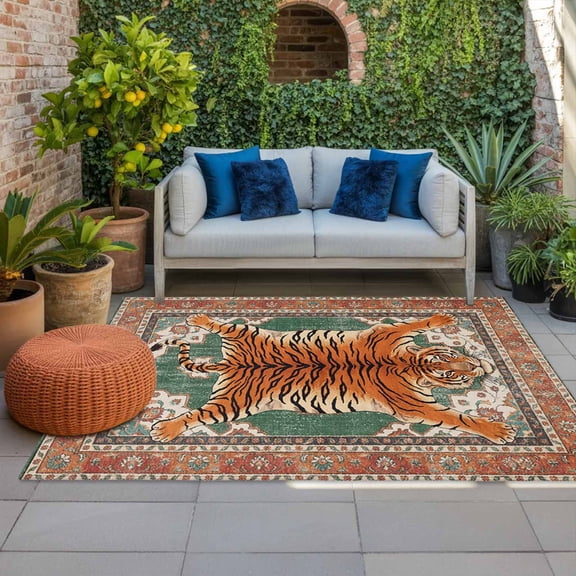 Tiger Indoor Outdoor Rugs 4x6 Ft, Bohemian Modern Animal Print Orange Green Floral Texture Outdoor Patio Rugs Mat Washable Outside Area Rugs Carpet for Porch Deck RV Camping Pool Balcony Backyard
