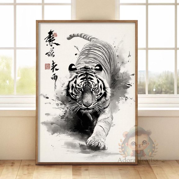 Tiger Ink Print , Japanese Sumi-E Style Animal Art , Zen Home Decor , Poster, Modern Wall Decor , Poster Print Only