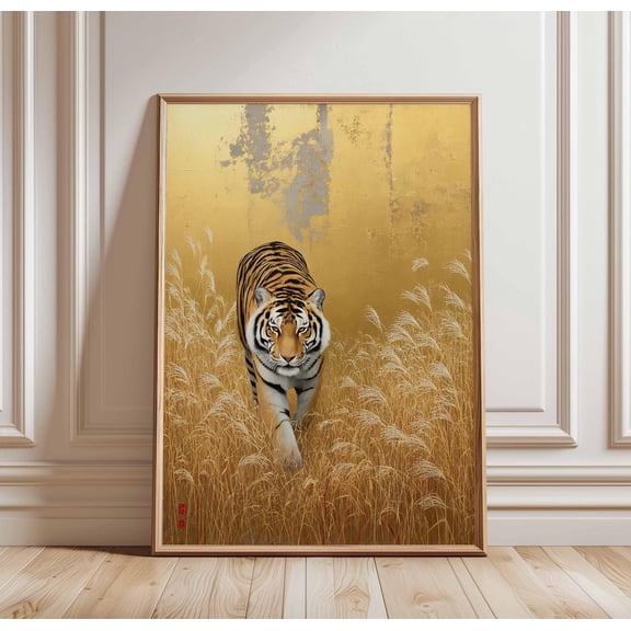 Tiger Japanese Golden Grass Powerful Bengal Tiger Zen Jungle Decor Unframed Paper Print