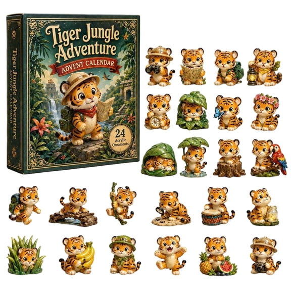 Tiger Jungle Adventure Christmas Advent Calendar 2026 - 24 Days 2D Acrylic Ornaments, Cute Tiger Figurines for Tree Decor & Kids Holiday Gift