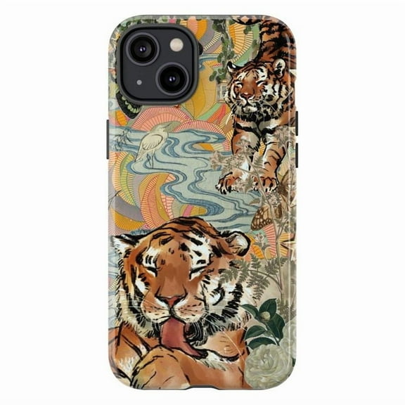 Tiger Jungle Art Phone Case, Boho Wildlife Illustration iPhone Cover, Artistic Safari Animal Protective Case for iPhone 16 15 14 13 12 11 Pro Plus Mini