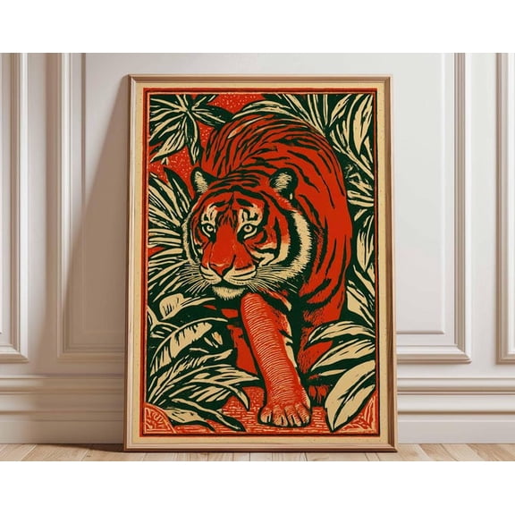 Tiger Jungle Red Tiger Bold Linocut Animal Vintage Graphic Safari Wall Art Print, Unframed Paper Poster 8x10in