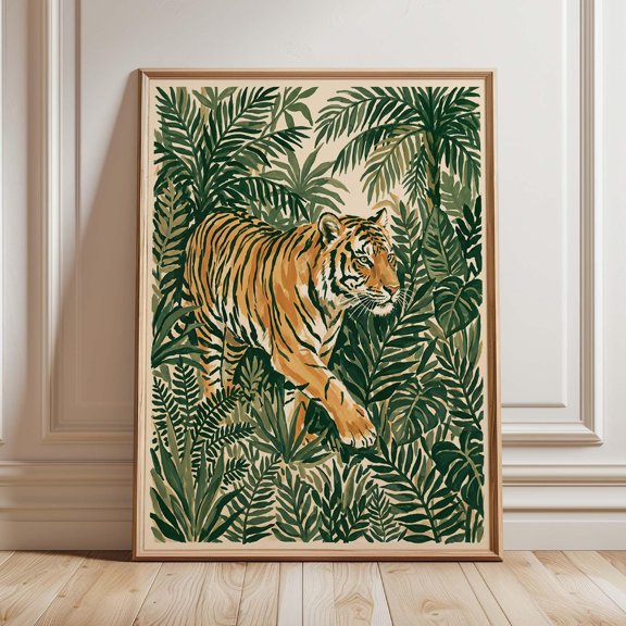 Tiger Jungle Wall Art, Tropical Botanical Print, Safari Animal Decor, Maximalist Nature Artwork, Poster Only