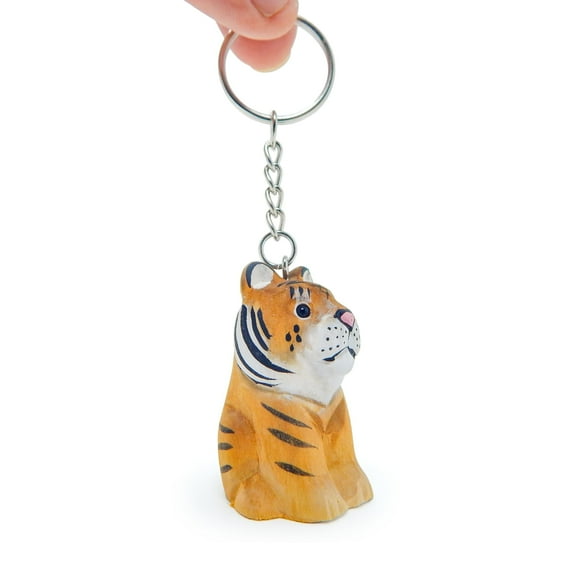 Tiger Keychain Ring Clip Charm Miniature Cat Bengal Striped Wood Mini Figurine Small Animal