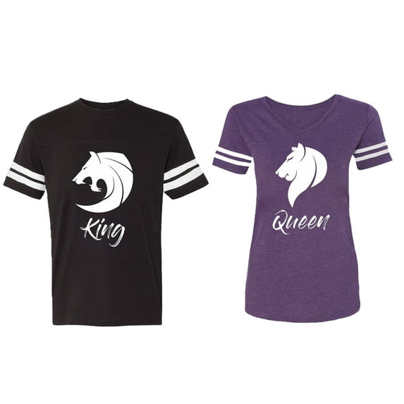 Tiger King Queen Matching Couple Cotton Jerseys (Men Black / Women Purple) (Men XL / Women XXL)