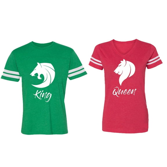 Tiger King Queen Matching Couple Cotton Jerseys (Men Green / Women Red) (Men XL / Women XL)