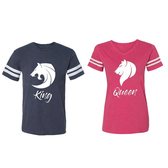 Tiger King Queen Matching Couple Cotton Jerseys (Men Navy / Women Pink) (Men XXL / Women L)