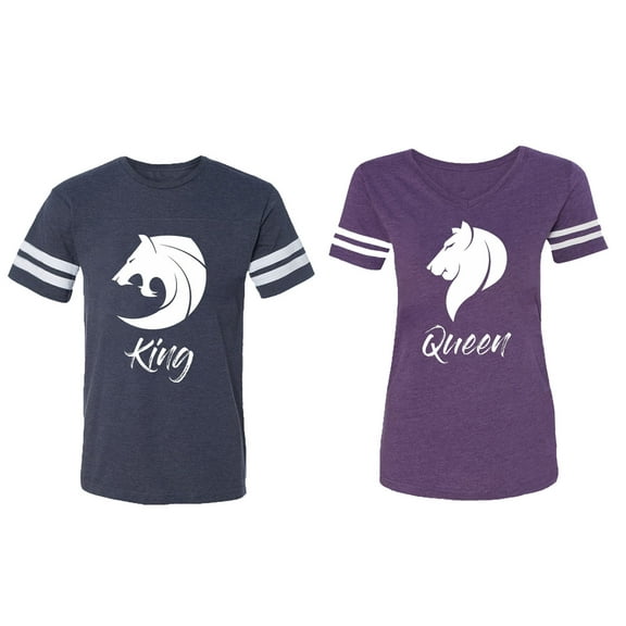 Tiger King Queen Matching Couple Cotton Jerseys (Men Navy / Women Purple) (Men XL / Women XL)