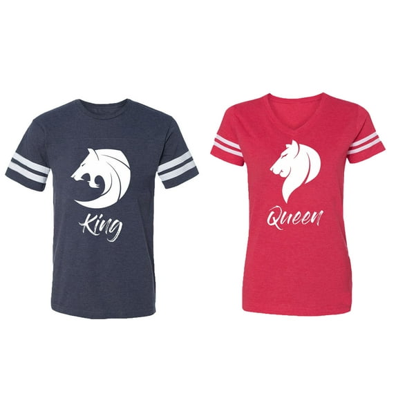 Tiger King Queen Matching Couple Cotton Jerseys (Men Navy / Women Red) (Men S / Women XL)