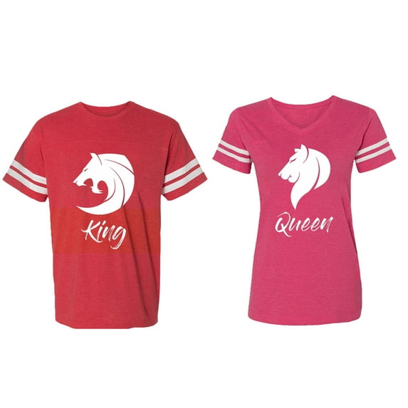 Tiger King Queen Matching Couple Cotton Jerseys (Men Red / Women Pink) (Men L / Women XXL)