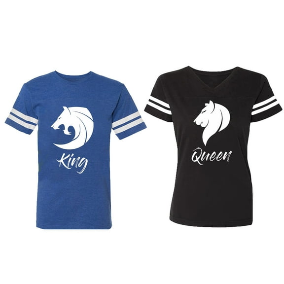 Tiger King Queen Matching Couple Cotton Jerseys (Men Royal / Women Black) (Men S / Women S)