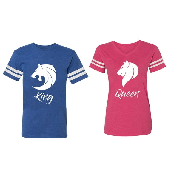 Tiger King Queen Matching Couple Cotton Jerseys (Men Royal / Women Pink) (Men XL / Women M)