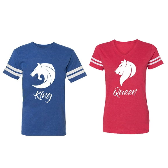 Tiger King Queen Matching Couple Cotton Jerseys (Men Royal / Women Red) (Men S / Women L)