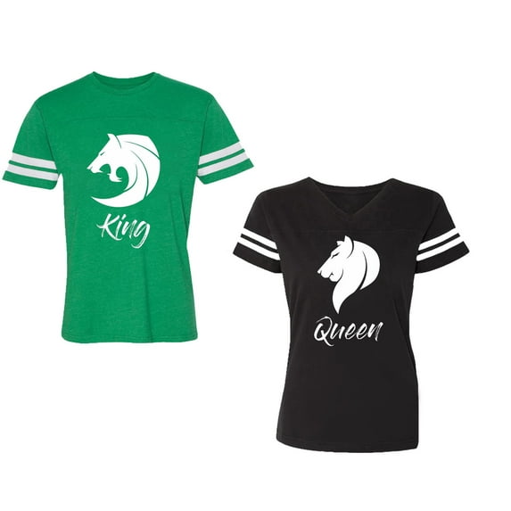Tiger King Queen Unisex Couple Matching Cotton Jersey style T-Shirt Contrasting stripes on sleeves (Men Green / Women Black) (Men S / Women S)