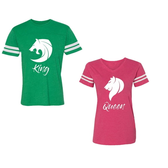 Tiger King Queen Unisex Couple Matching Cotton Jersey style T-Shirt Contrasting stripes on sleeves (Men Green / Women Pink) (Men S / Women XXL)