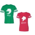 thumbnail image 1 of Tiger King Queen Unisex Couple Matching Cotton Jersey style T-Shirt Contrasting stripes on sleeves (Men Green / Women Red) (Men M / Women XXL), 1 of 3