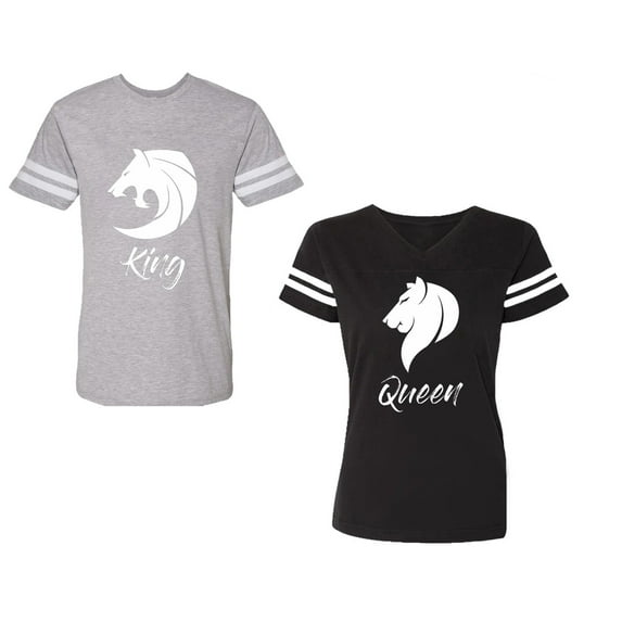Tiger King Queen Unisex Couple Matching Cotton Jersey style T-Shirt Contrasting stripes on sleeves (Men Heather / Women Black) (Men S / Women S)