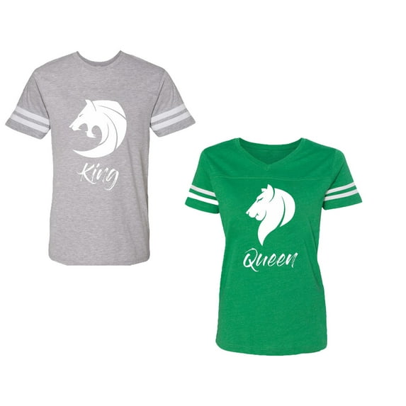 Tiger King Queen Unisex Couple Matching Cotton Jersey style T-Shirt Contrasting stripes on sleeves (Men Heather / Women Green) (Men M / Women L)