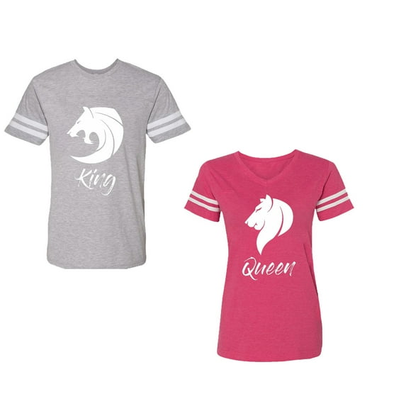 Tiger King Queen Unisex Couple Matching Cotton Jersey style T-Shirt Contrasting stripes on sleeves (Men Heather / Women Pink) (Men L / Women M)