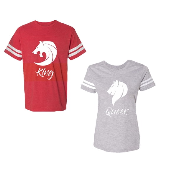 Tiger King Queen Unisex Couple Matching Cotton Jersey style T-Shirt Contrasting stripes on sleeves (Men Red / Women Heather) (Men XL / Women S)